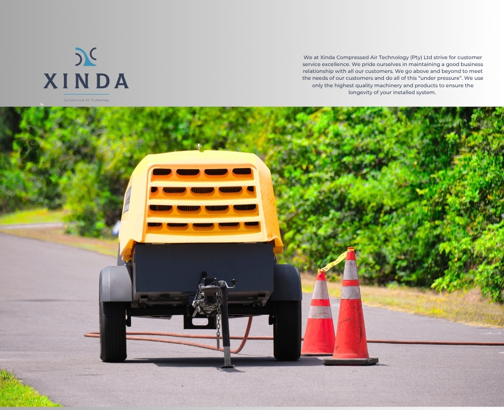 Diesel portable air compressor on construction site – mobile, high-performance unit from Xinda Air Hire.