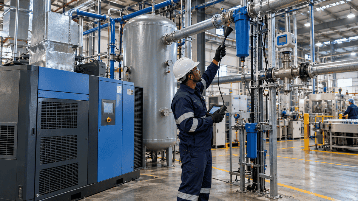 Industrial compressed air system inspection measuring compressor pressure and efficiency in a manufacturing plant